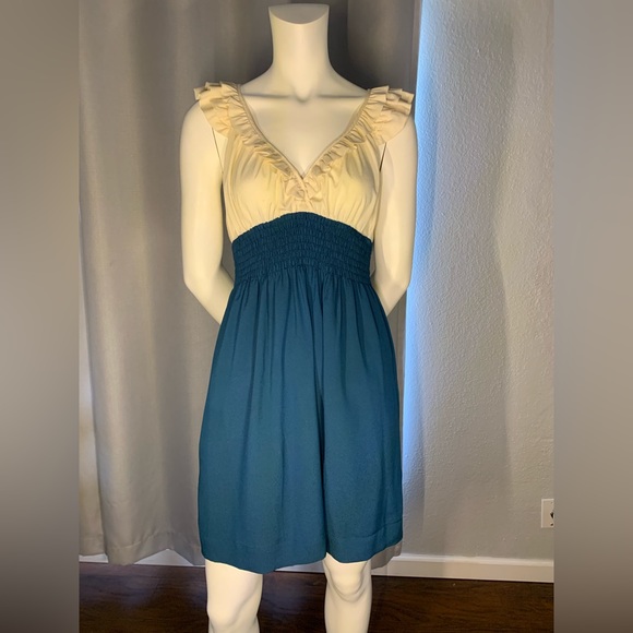 Sheer V-neck beige and teal dress - Picture 1 of 2
